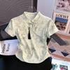 Women Tie Dye Cheongsam Style T-shirt Stand Collar Short Sleeve Casual Fitted Top with Tassel
