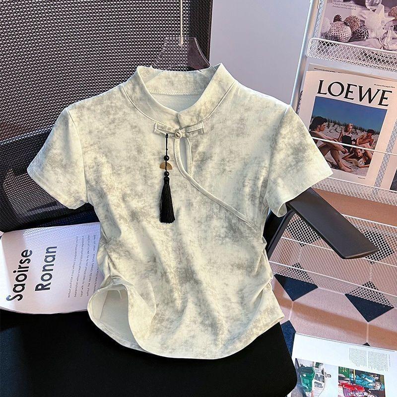Women Tie Dye Cheongsam Style T-shirt Stand Collar Short Sleeve Casual Fitted Top with Tassel