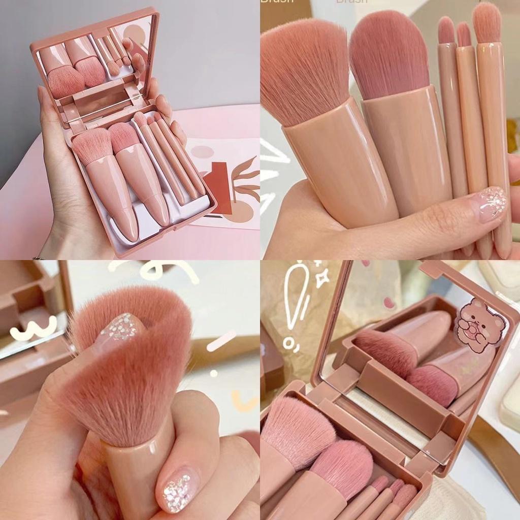 Sett med 5 myke børstehår, bærbar med speil, multifunksjonell foundation, pudderbørste, rouge-børste, øyenskygge, oppfriskende hånd, skjønnhetsverktøy for studenter