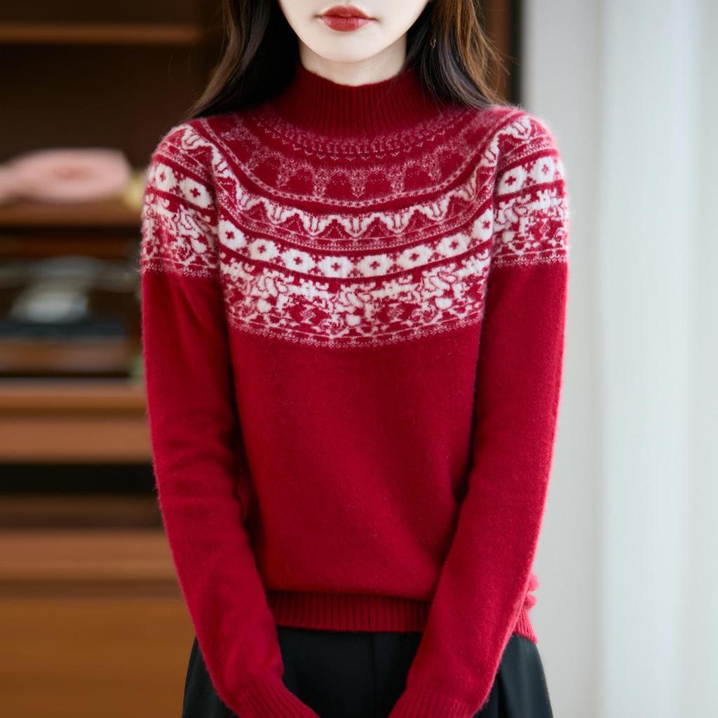 Women's Retro Fair Isle Pure Wool Sweater - Half-High Collar, Loose, Versatile Winter Knitwear