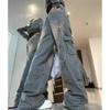 Female Jean Spliced Pockets Cargo Pants Washed Denim High Waist Full Length Jeans Loose Solid  Straight Pants