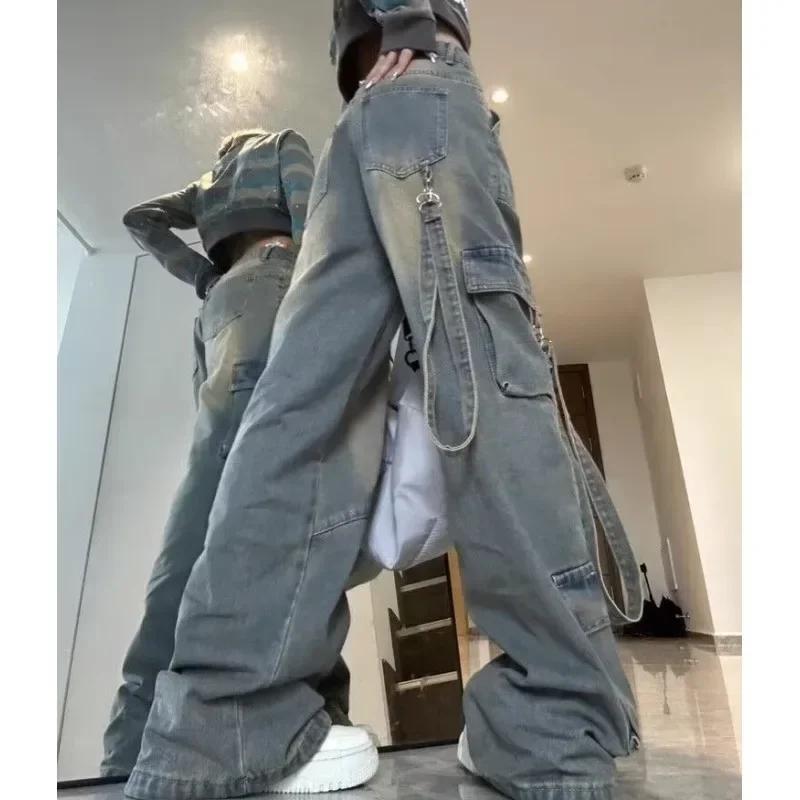 Female Jean Spliced Pockets Cargo Pants Washed Denim High Waist Full Length Jeans Loose Solid Straight Pants