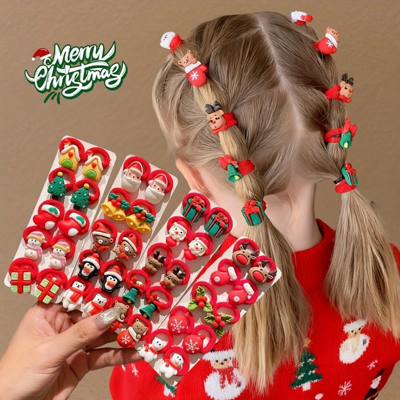 10Pcs/Pack Girls Hair Ties Cute Christmas Design With Santa Reindeer Snowman Decor New Year Girls Hair Accessories Gift Set