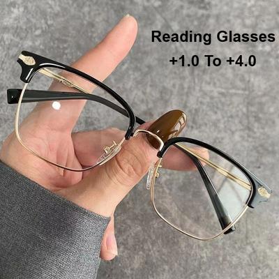 Reading Glasses For Men Business Half Metal Frame Presbyopic Eyeglasses Vintage Anti Blue Light Farsighted Eyewear +1.0 To +4.0