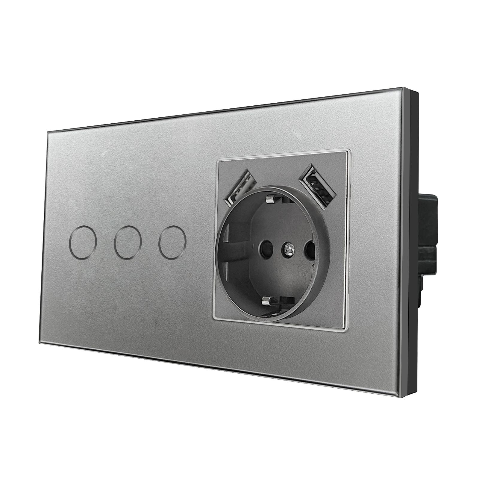 

Сенсорний вимикач зі стандартним сірим загартованим склом ЄС із гніздом USB C, настінним вимикачем 220 В, подвійною розеткою з круглим днищем EU standard