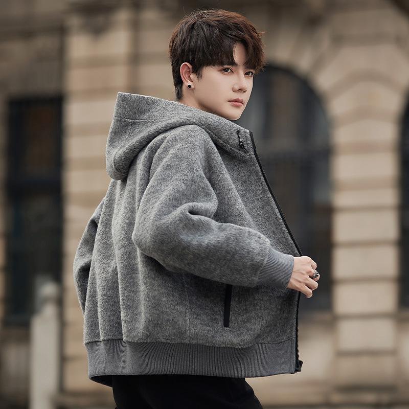 Light luxury hooded wool coat men's autumn thin double-sided wool jacket versatile casual wool jacket