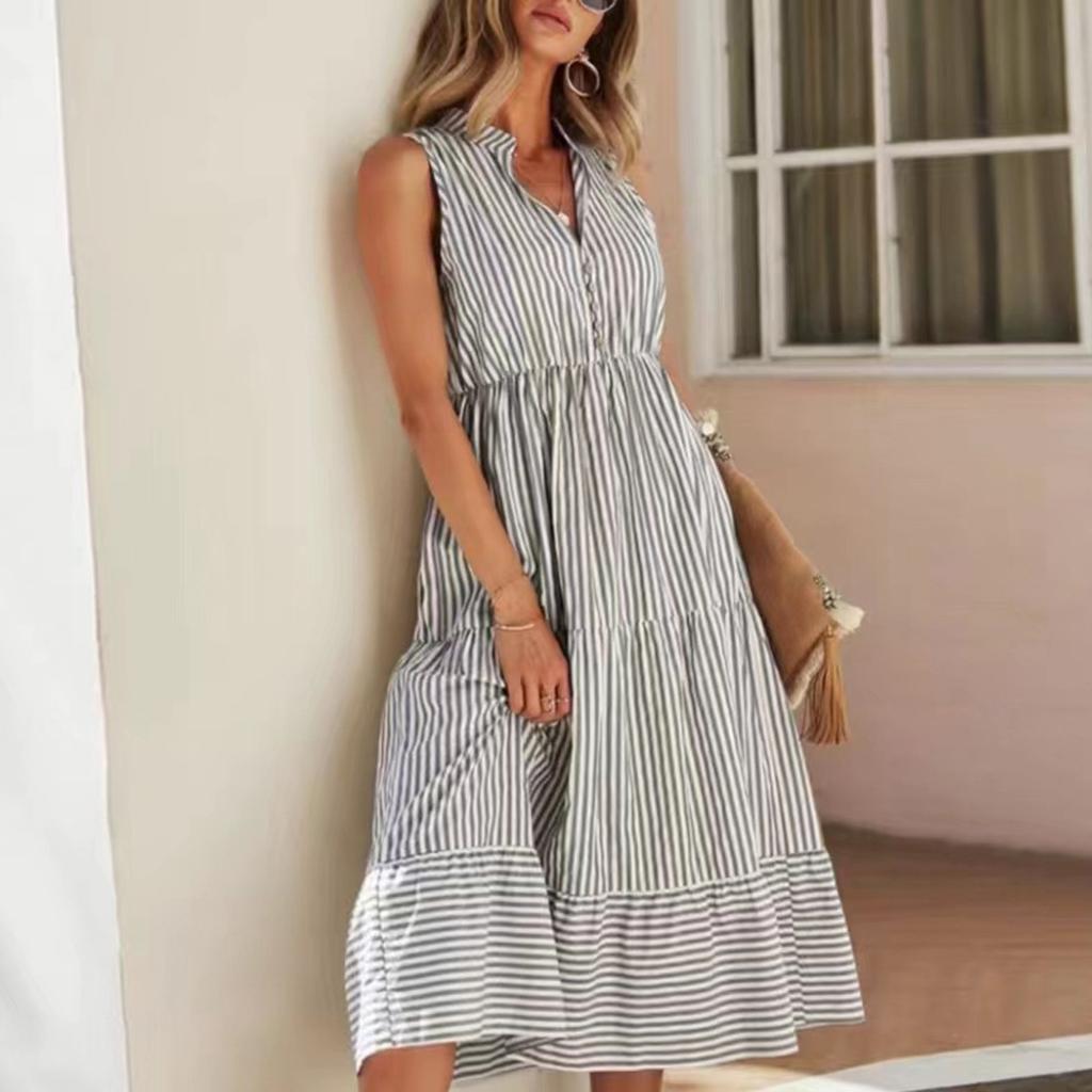 Women's Summer New Sleeveless Striped V-neck Waistcoat Dress