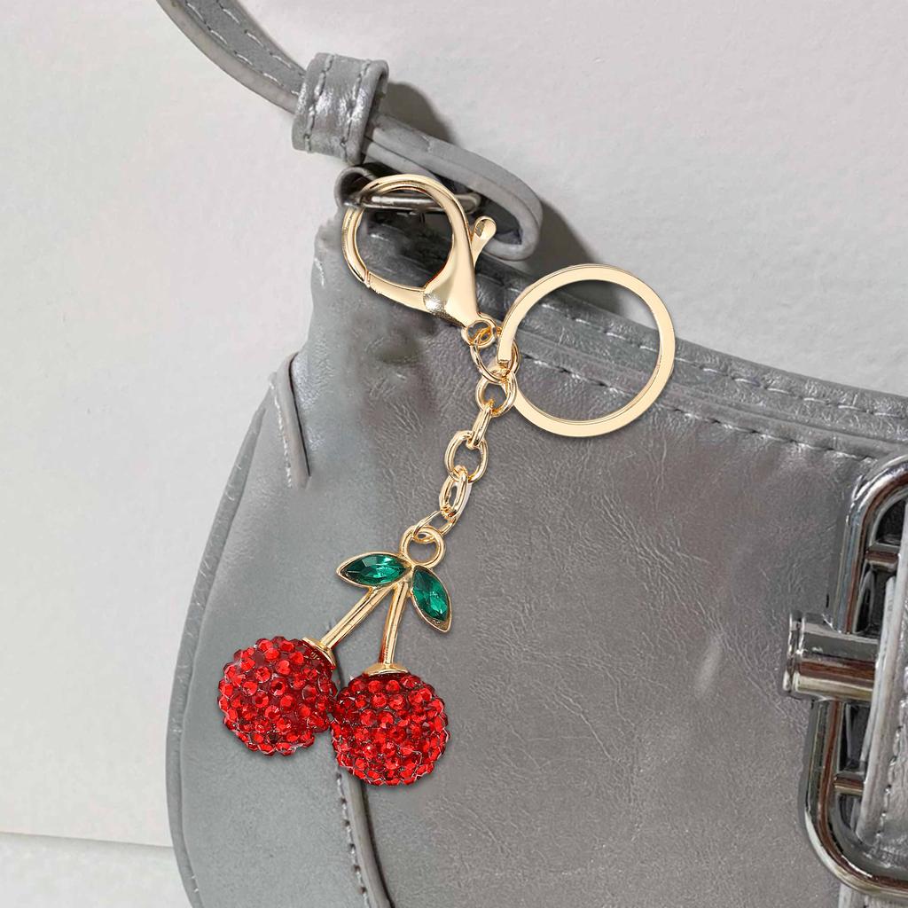 Elegant Rhinestones Cherry Bag Pendant Crystal Studded Fruit Shaped Key Ring Fashionable Handbag Charm Accessories
