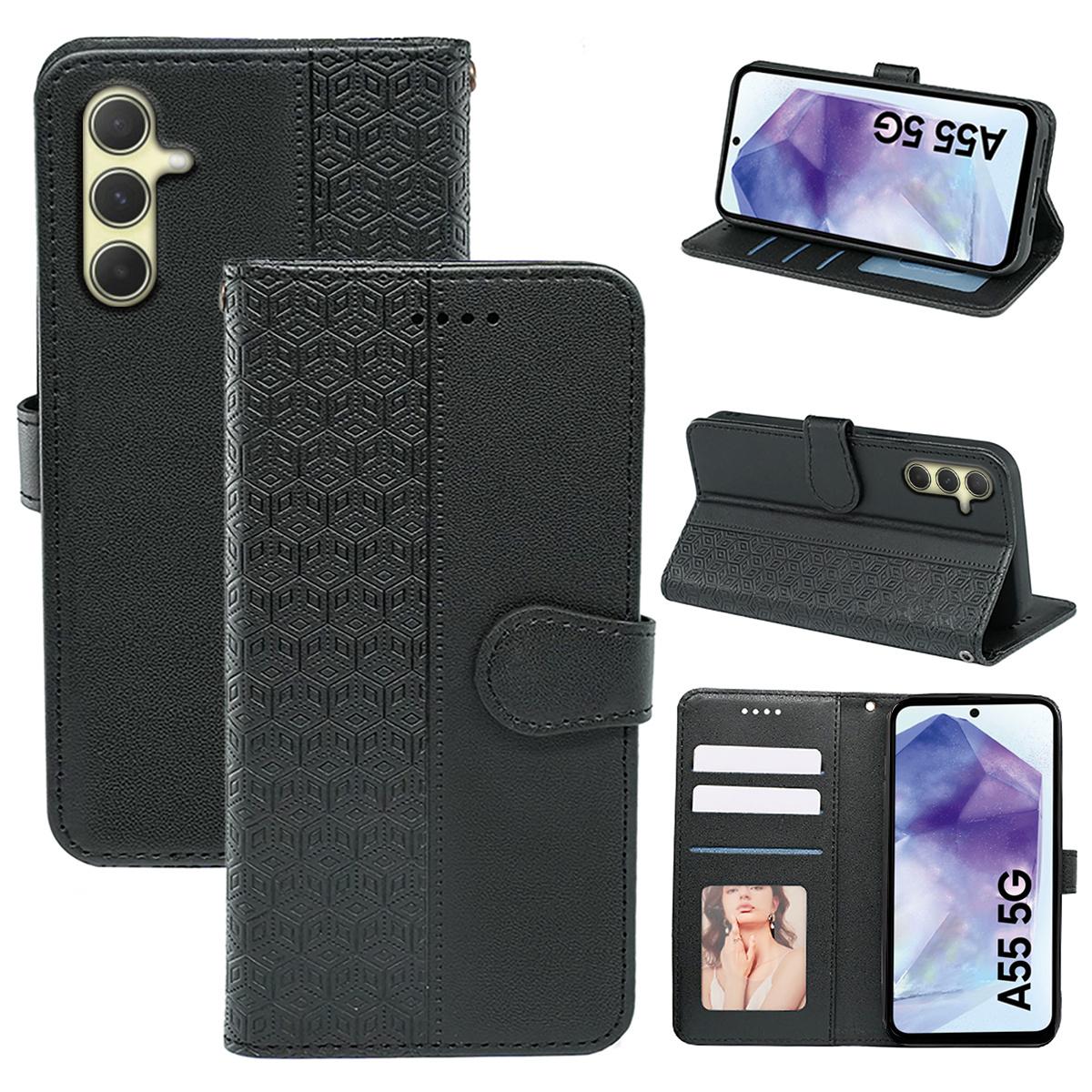 

For Samsung Galaxy A55 5G Case Cubic Grid Imprint PU Leather Wallet Phone Cover Black