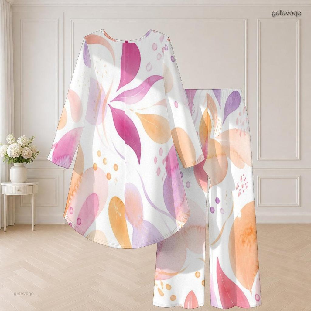 Women Plus Size Two Piece Set Round Neck Long Sleeve Printed High Low Top Wide Leg Pants