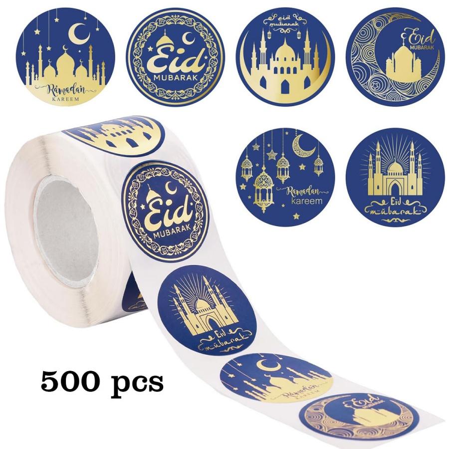 500Pcsroll Middle East Ramadan Stickers Arabic Eid Moon Oil Lamp Gift Envelope White Green Gold Seal Stickers Southeast Asia
