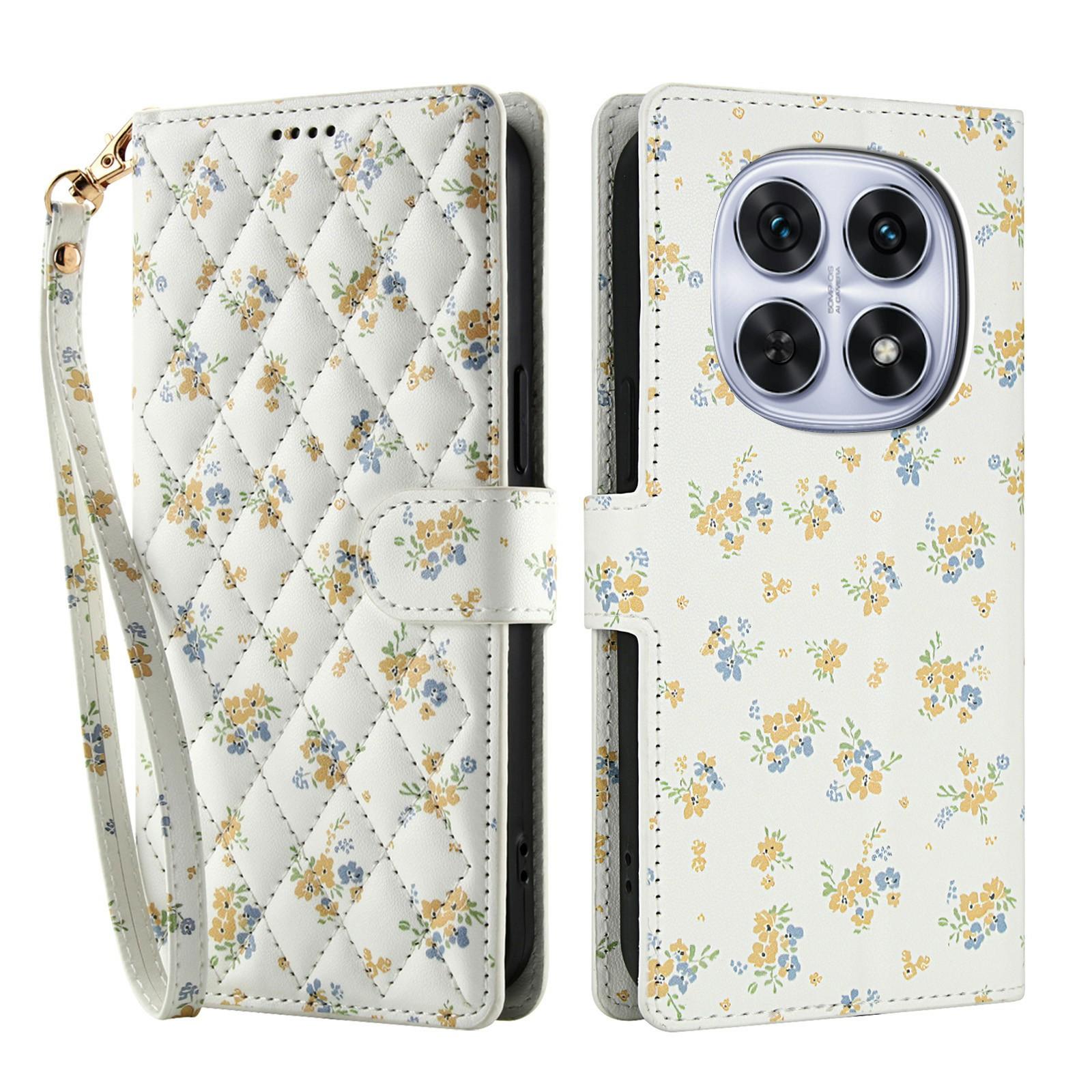 

For Xiaomi Poco M8 5G/Redmi Note 15 5G (Global)/15 4G (Global) Wallet Case Rhombic Floral Design Leather Flip Phone Cover with Strap
