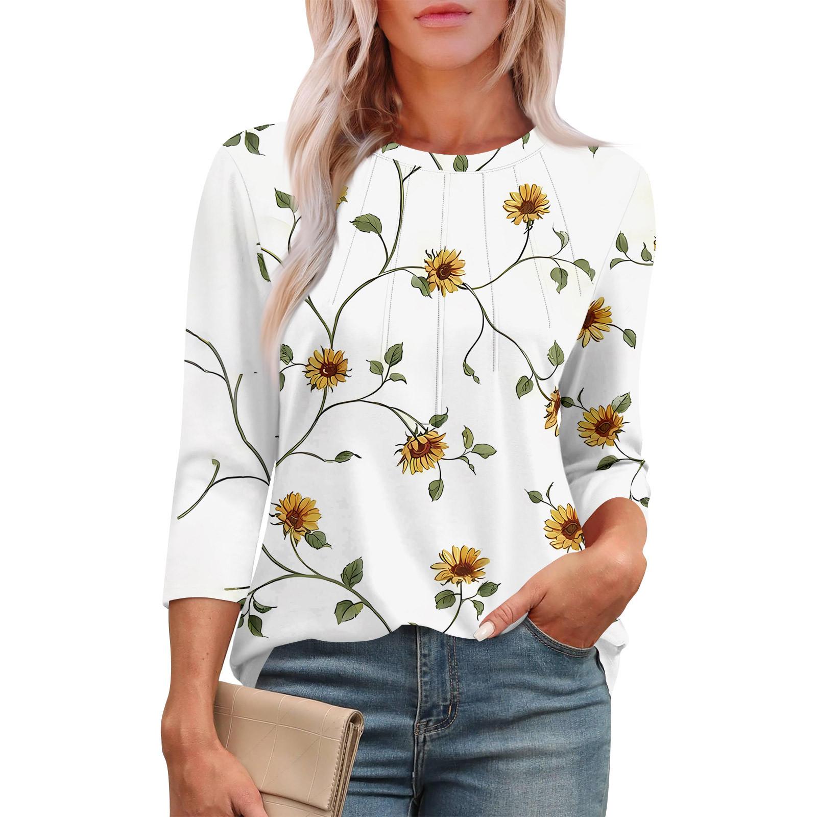 

Женский повседневный топ с круглым вырезом и принтом подсолнечника, плиссированный XL белый