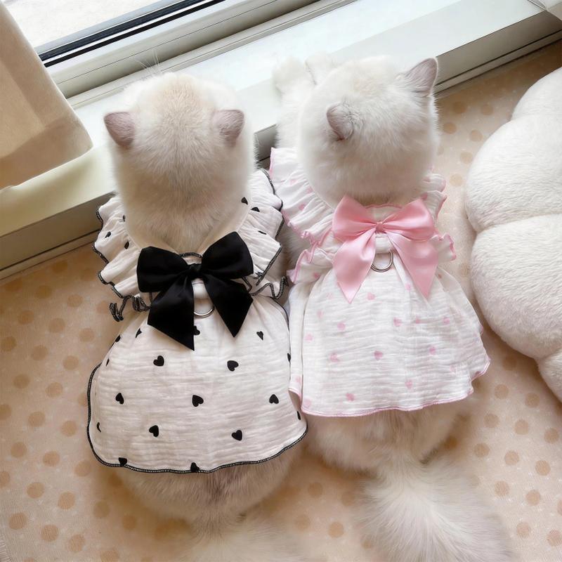 Heart Print Pet Dress with Bow, Breathable Cotton Dog Cat Clothes, Adjustable Pet Outfit with D-ring