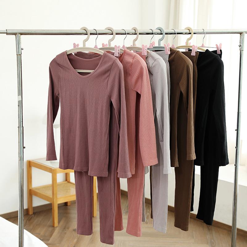 2 Pieces Women Thermal Underwear Sexy Long Sleeve Winter Clothes Seamless Thermal Intimate Set Ladies Thick Sleepwear