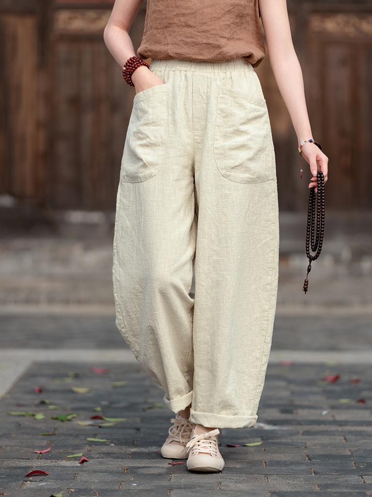 Johnature Women Vintage Harem Pants Solid Color Patchwork Pockets Trousers Elastic Waist Loose Pants