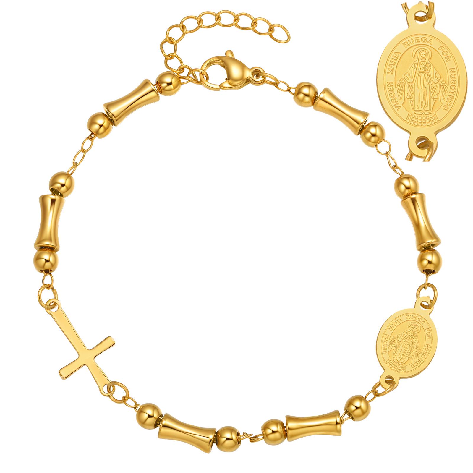 

Rosary St. Benedict Bamboo Beaded Cross Bracelet for Women Catholic Religious Pray Jewelry Gold Plated Stainless Steel Bracelets