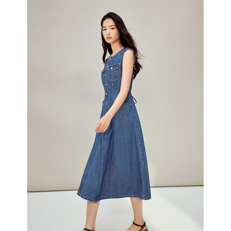 INMAN French Elegant Round Neck Sleeveless Denim Dress