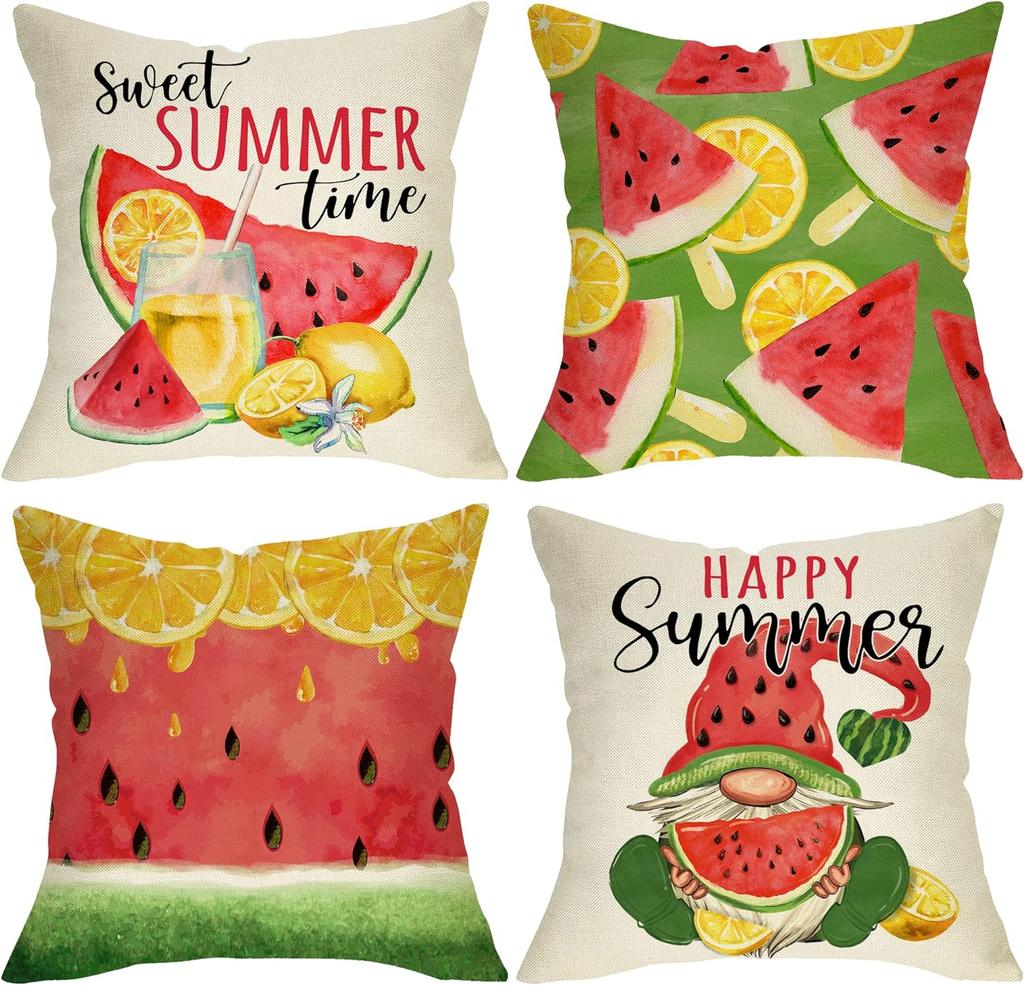 Hello Summer Vibes Gnome Decorative Throw Pillow Cover 18X18In Set Of 4 Ice Cream Popsicle Juice Porch Patio Outdoor Couch