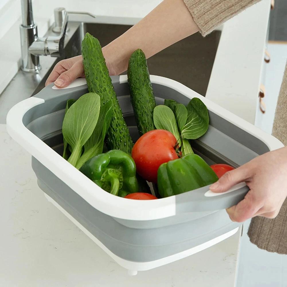 Kitchen Collapsible Cutting Board Multifunction Plastic Silicone Picnic Cutting Boards Dish 3 In 1 Folding Drain Baskets