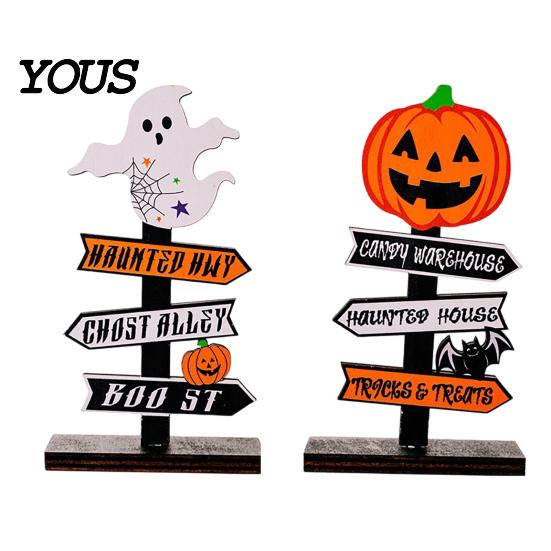 Halloween Atmosphere Props Wooden Sign Decoration, DIY Ghost Pumpkin Bat Tabletop Ornament with Table Decorations Spooky Slogans, Rustic for