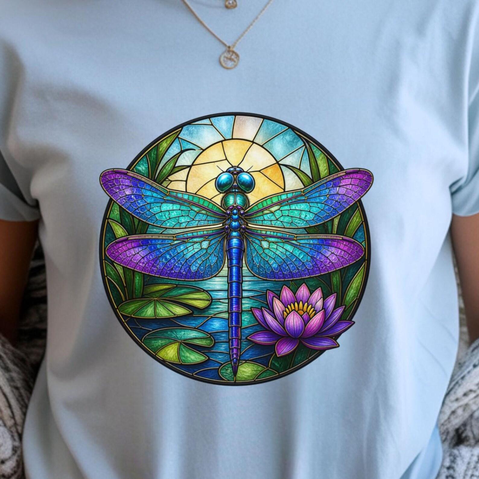 Stained Glass Dragonfly Shirt | Nature Garden Art Tee | Boho Cottagecore Floral Graphic T-Shirt 3XL