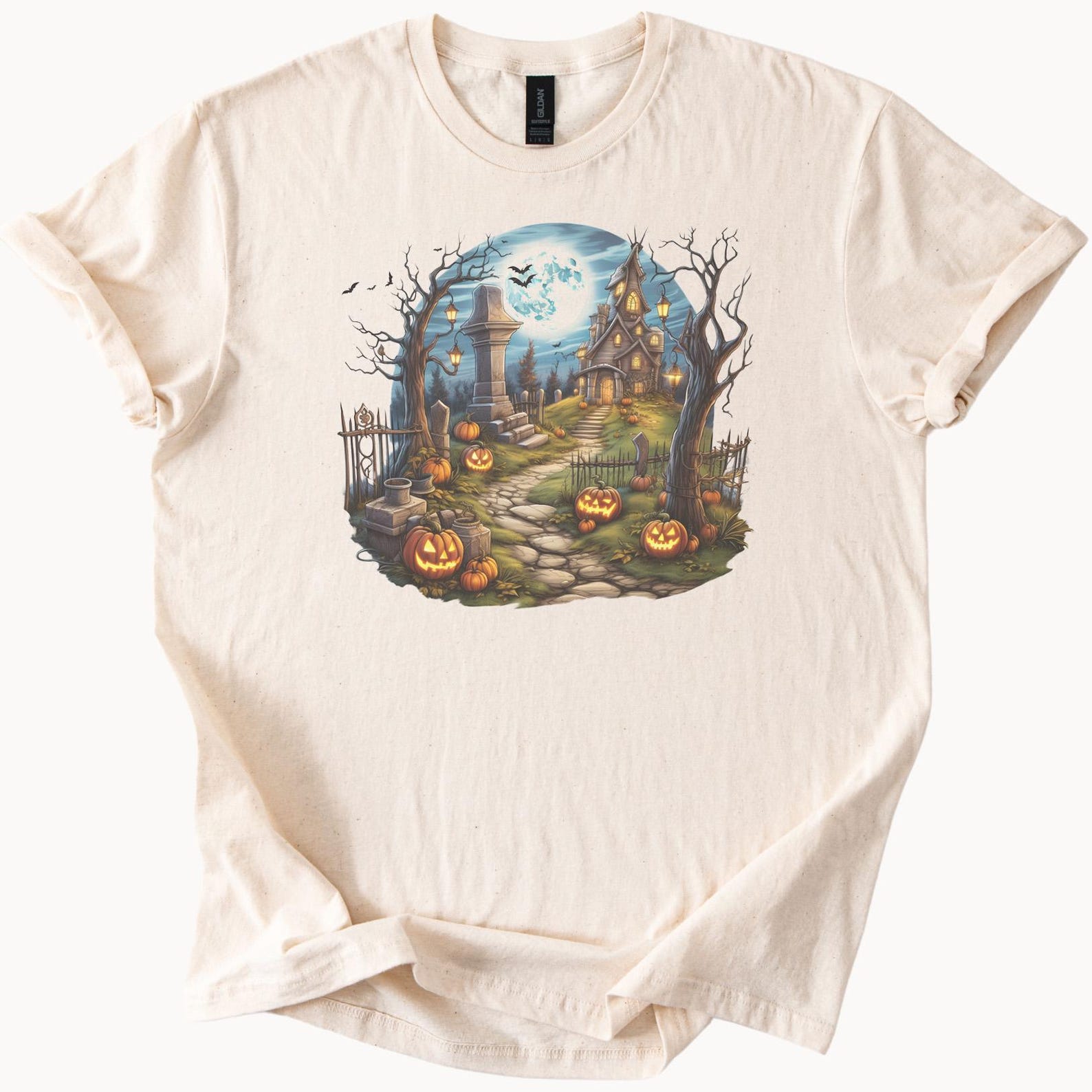 Halloween Haunted House Graphic T Shirt with Spooky Pumpkins Graveyard Path and Full Moon Ghost Scene Halloween Shirt 100