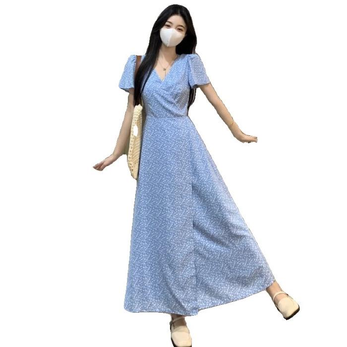Blue v-neck floral dress children s new autumn French small sweet waist temperament dress S