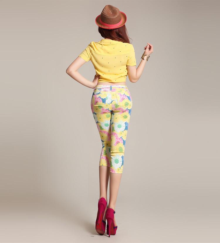 Women's Slim-Fit Printed Cotton Pencil Pants, Mid-Waist, Elastic, Urban Style