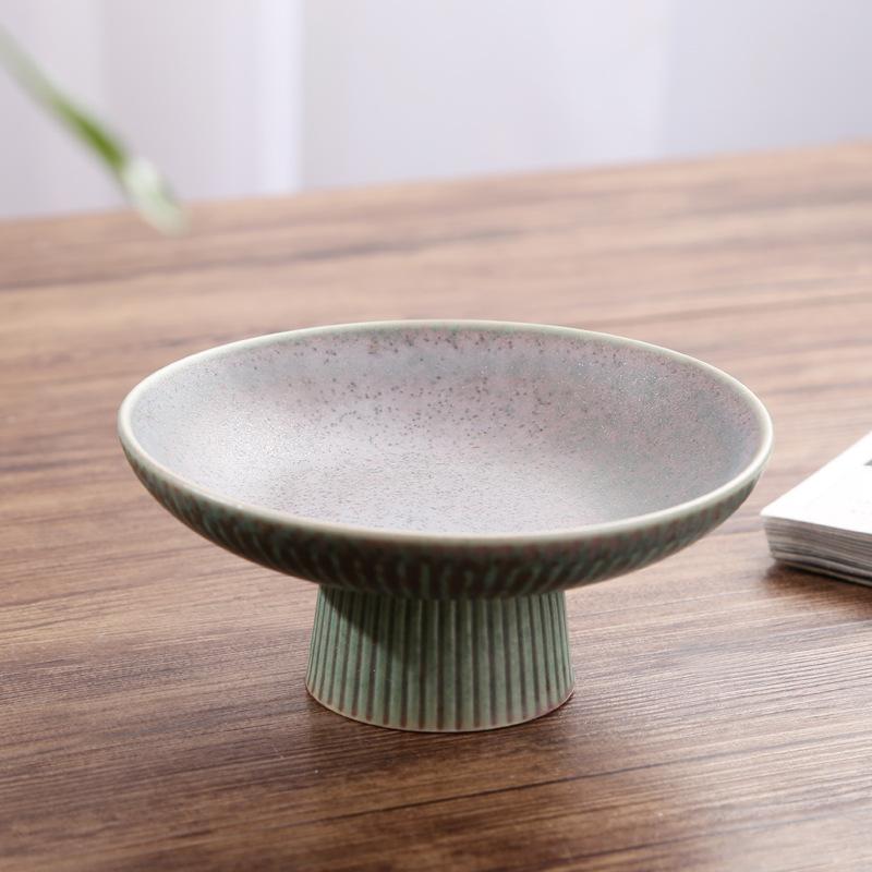 Chinese Retro Glazed Ceramic Plate High Foot Fruit Dish Japanese Zen Tea Tray for Home