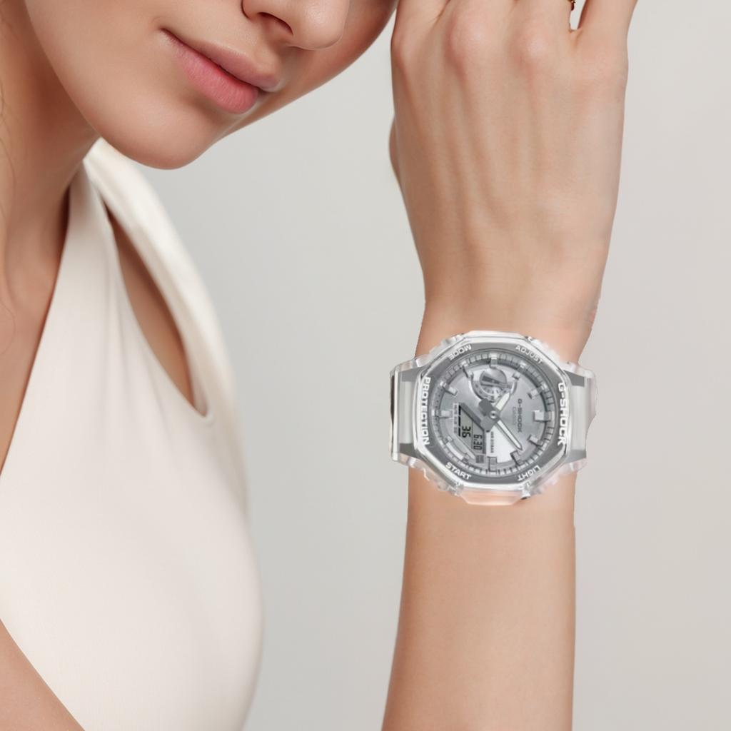 Casio 2100 200m Waterproof Quartz Movement Resin Strap Watch Unisex Silver Dial GA-2100BM-7A8