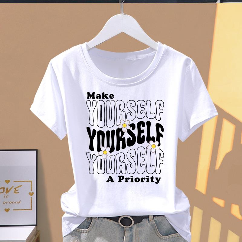 

(Asian Size) flower letter trend cute Short Sleeve T-shirts Print Fashion Female Casual Top T O-neck Graphic Tee Women s Clothing S