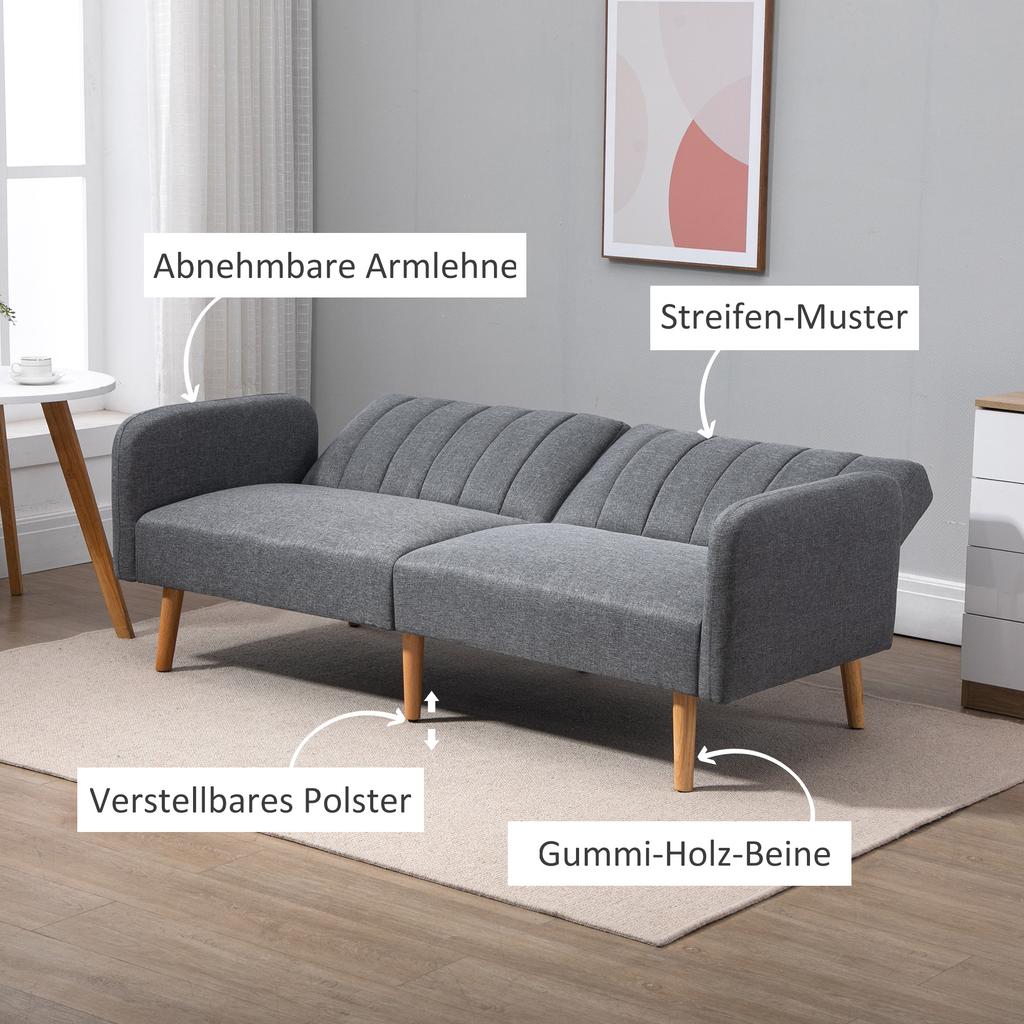 Sleeper Sofa, 2-Seater Fabric Sofa, Sofa with Sleep Function, Linen-Like Polyester, Rubberwood, 173 x 75 x 73 cm, Grey