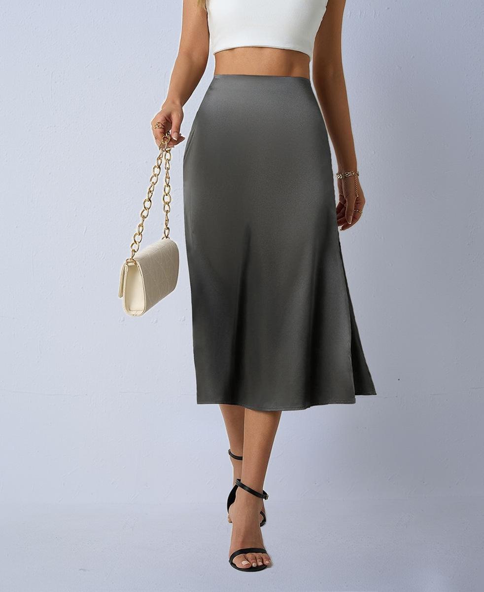 

European & American Women s Satin Silk Midi Skirt with Slit Medium сірий колір