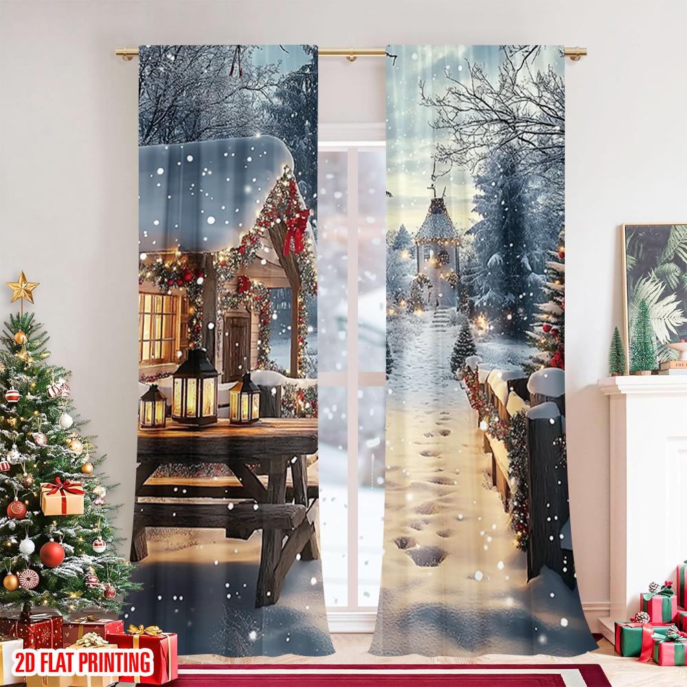 Set Of 2 Flat Printing Merry Christmas Popular Curtain Versatile Fabric Without Electricity Festive Wall Decor Use Curtains Made Polyester
