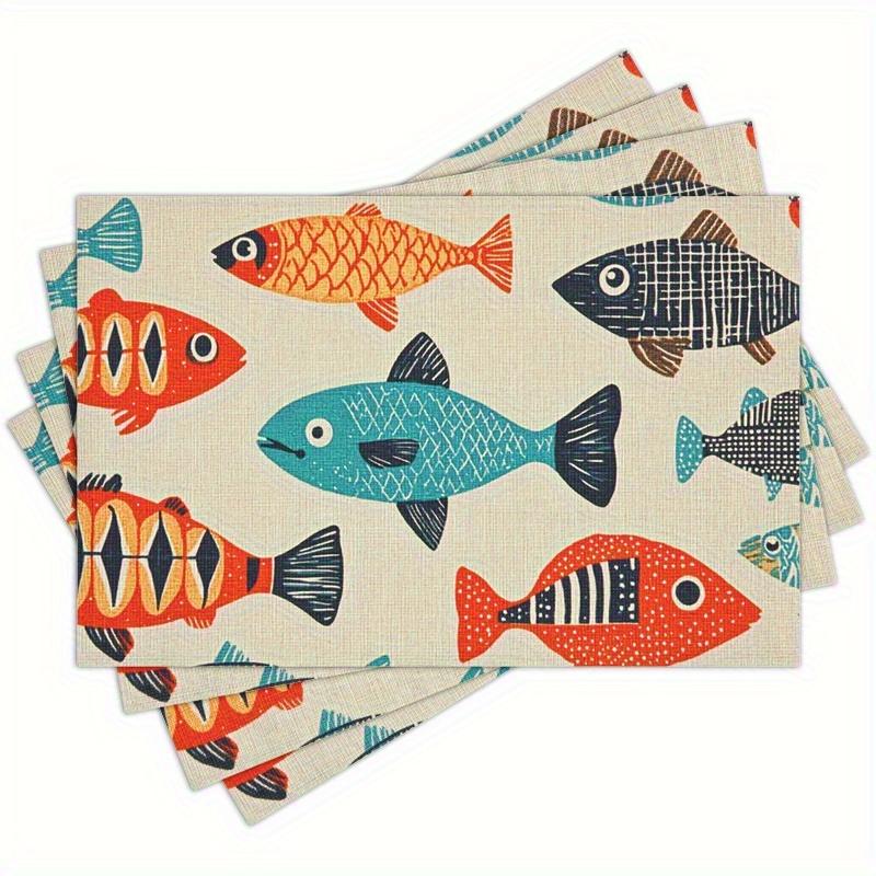 4pcs Linen Placemats Set, Colorful Fish Design Tablecloth 12x18 Inches, Perfect for Kitchen & Dining Room Decor, Family Gatherings, Parties, and Home