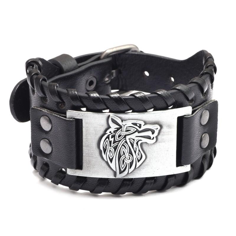 Fashion Stock Wolf Head Leather Bracelet Bangle Custom Embossed Weaving Pulsera Punk&Adjustable