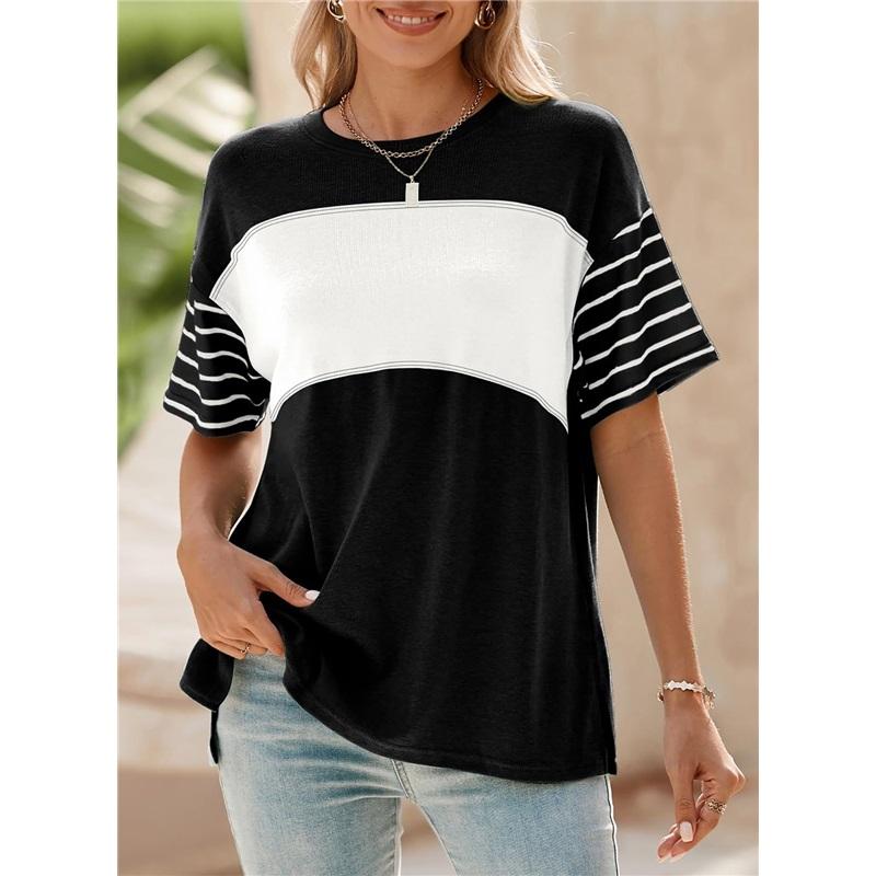 Women s Color Block Striped Short Sleeve T-Shirt Casual Round Neck Loose Fit Top L чёрный