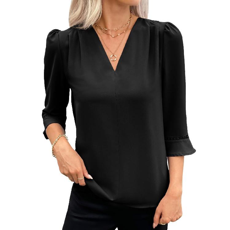 

2026 Women s Pleated V-neck Solid Color Three-Quarter Bell Sleeve Lace Loose Blouse S чёрный