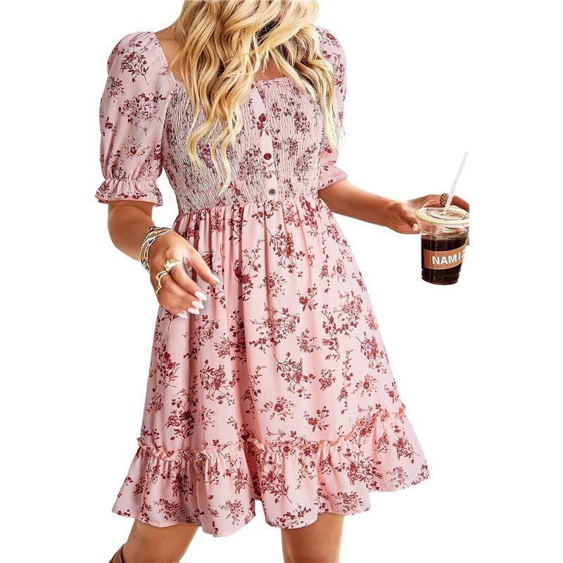 2026 Women s Summer New Arrivals European and American Foreign Trade New Stylish Puff Sleeve Floral Plus Size Dress Cross-Border Women s Dress Pink [Ready in Stock] M
