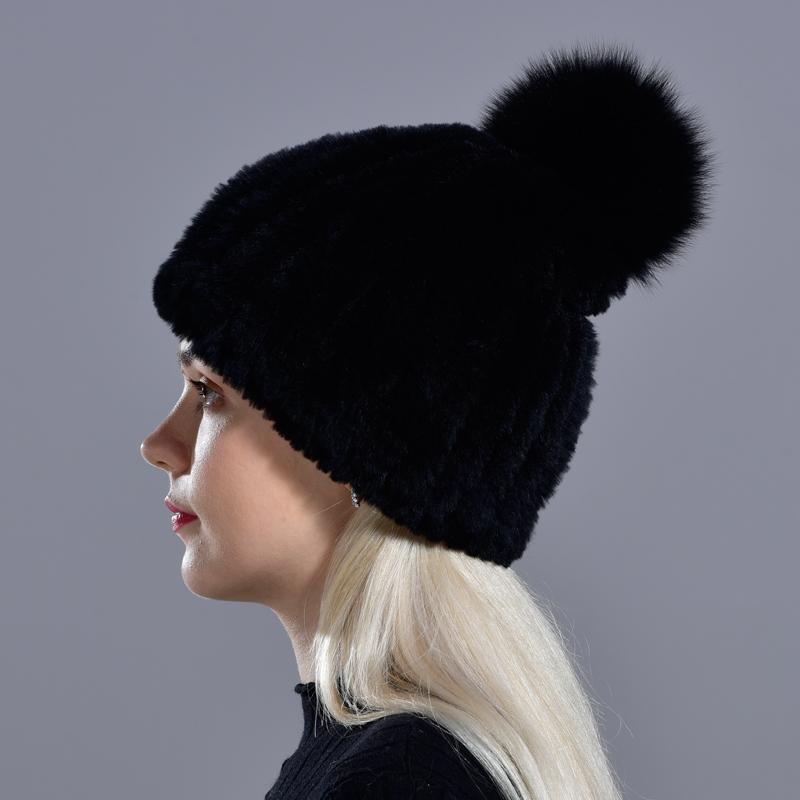 Winter Fur Hats for Ladys Women's Rex Rabbit Fur Caps Beanies Solid Elastic Winter Fashion Accessories Fox Fur Pompom Hat