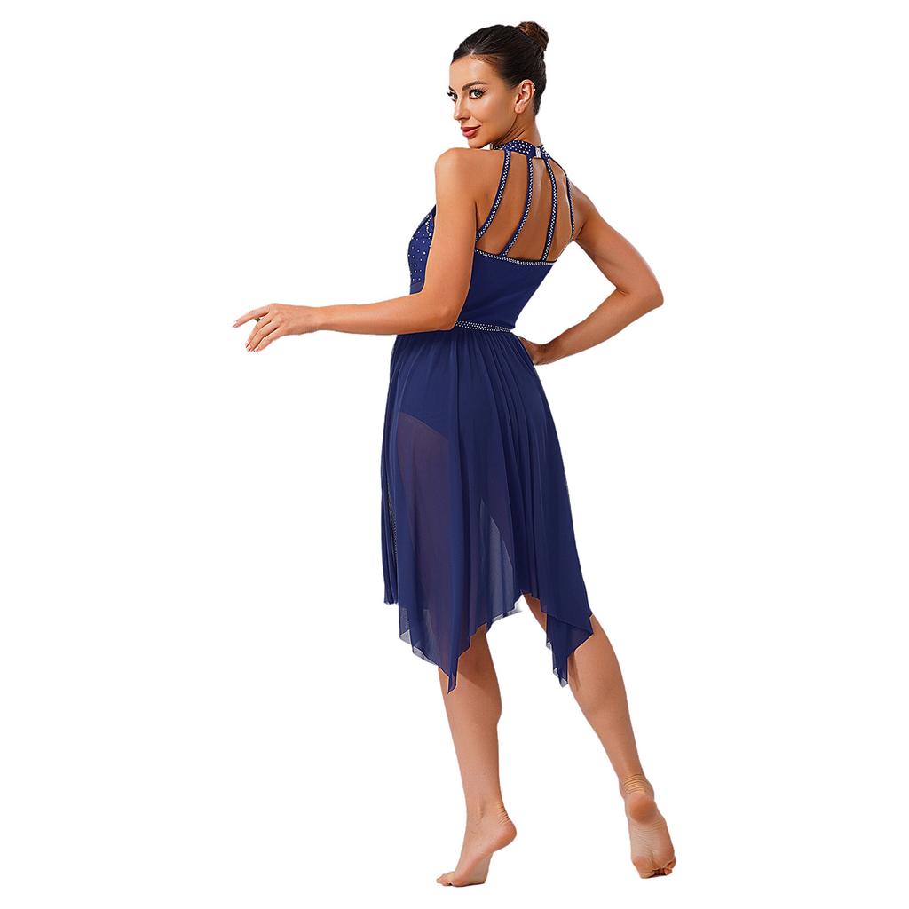 Womens Lyrical Dance Costume Sparkle Rhinestone Irregular Mesh Ruffled Skirt Built In Briefs Dress