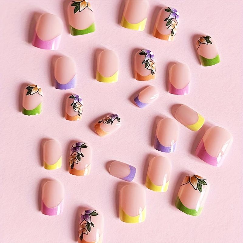 

24PCS Short Square Press On Nails, Colorful French Tip with Floral Design, Glossy Full Cover Fake Nails, Easy DIY Manicure Gift красный