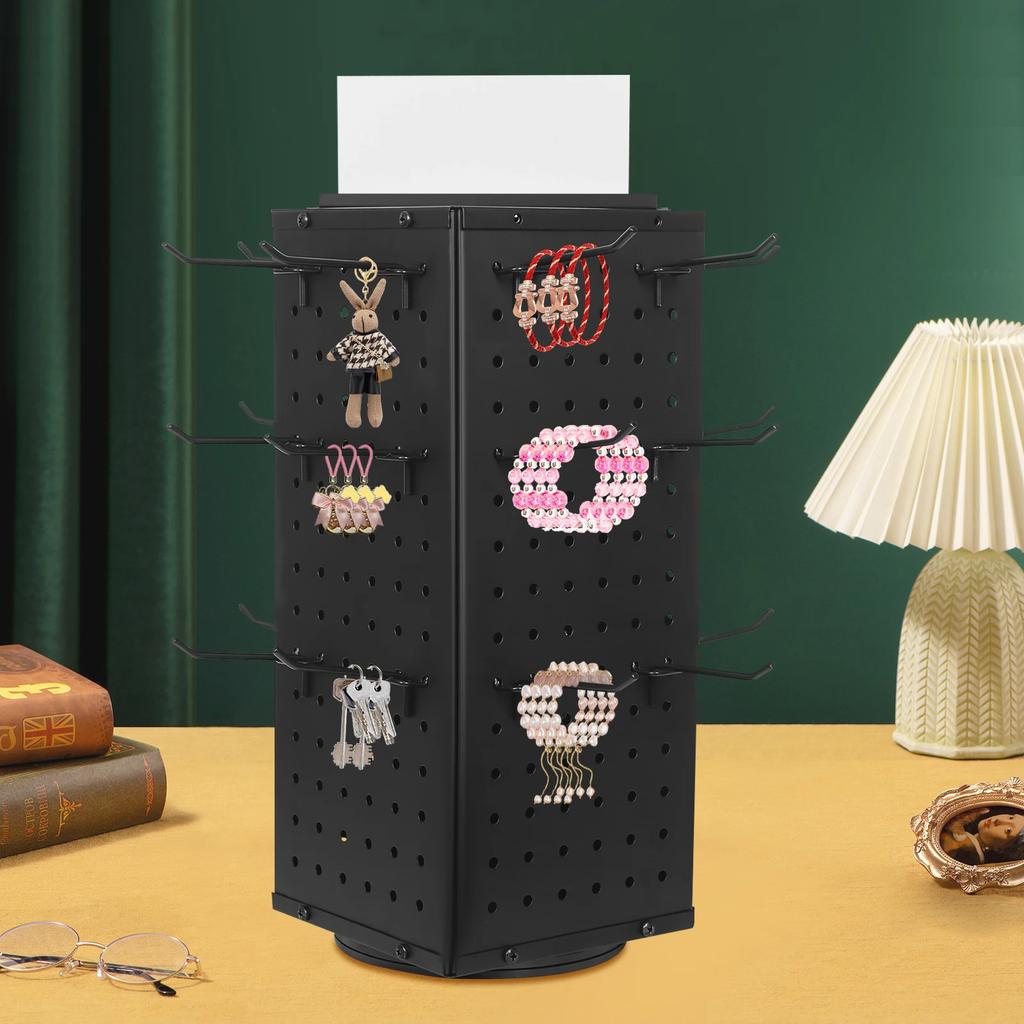 360° Rotating Pegboard Display Stand - 4-Sided Craft Organizer with 24 Hooks - 17in Modern Steel Storage Rack for Home & Office