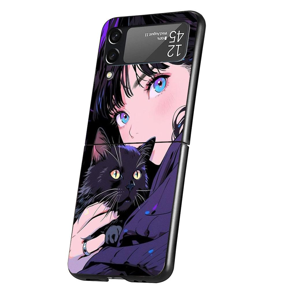 Anime Girls Cute Black Cat Cover Phone Case For Samsung Galaxy Z Flip 7 6 5 4 3 5G Flip7 Flip6 Flip5 Flip4 Flip3 Black Fundas Sh