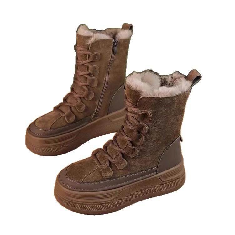 Thick-soled Heightening Snow Boots for Women's 2025 Winter New Retro Velvet Thickened Warm Short Boots Waterproof and Non-slip Cotton Shoes