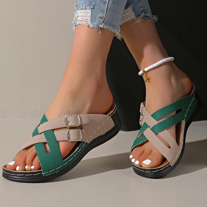 Fashion Mix Color Cross Strap Wedge Slippers Women Summer Non Slip Platform Sandals Woman Lightweight Soft Thick Sole Sandalias Mujer 43