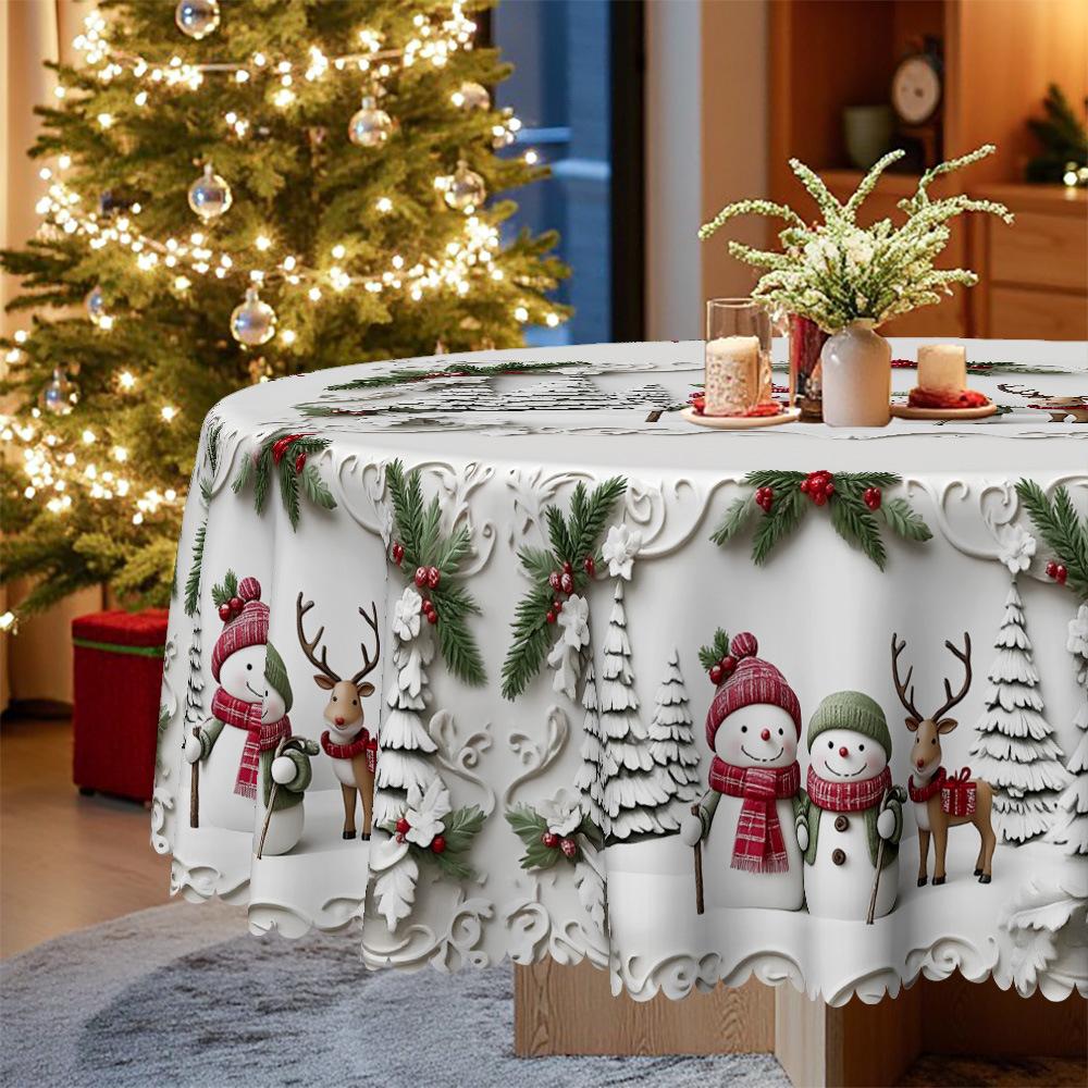 Runder Weihnachtstischdecke, Tischdecke mit Weihnachtsmotiv, Winter Schneemann Baum Weihnachtsmann Wasserdicht Waschbar Tischdecke