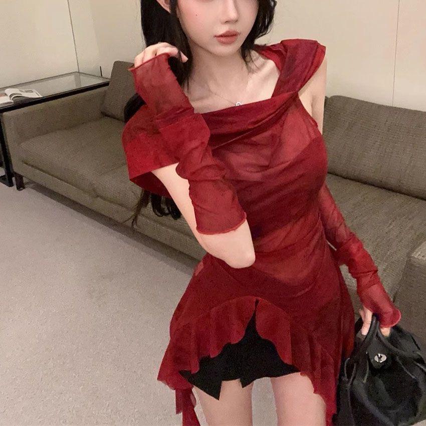 2KWEIRD Streetwear 90s Grunge Mesh See Through Hooded Tops Cyber Y2K Irregular Hem Ruffles Hoodie Women Slim Blouse with Cuffs