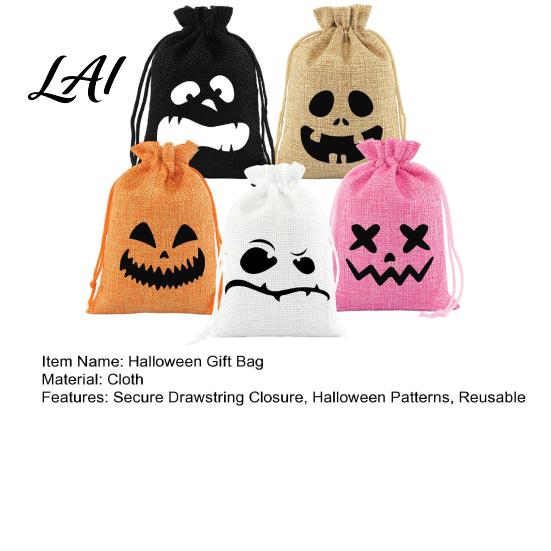 Halloween Candy Bags 5Pcs with Drawstring Funny Ghost Pumpkin Print Gift Pouches Mini for Party Favors And Trick or Treat Sacks Decorative Packaging